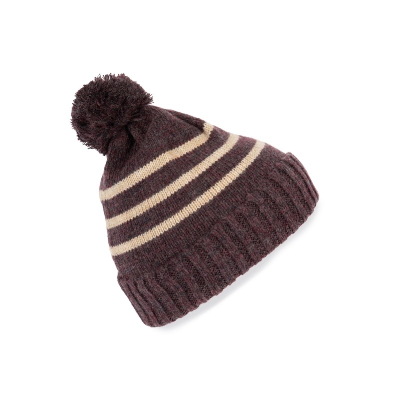 Bonnet à rayure tricoté en fil recyclé Dark Rosewood heather  / Light Sand Heather FACE