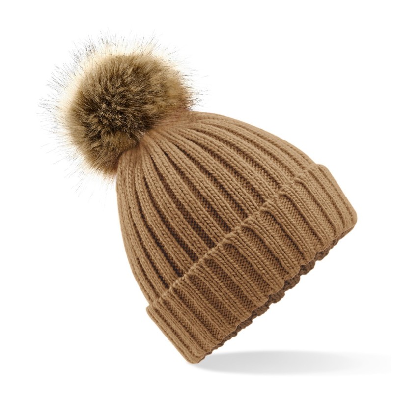 Bonnet epais avec pompon en fausse fourrure Biscuit FACE SIDE