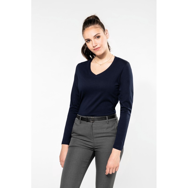T-shirt Supima® col V manches longues femme
