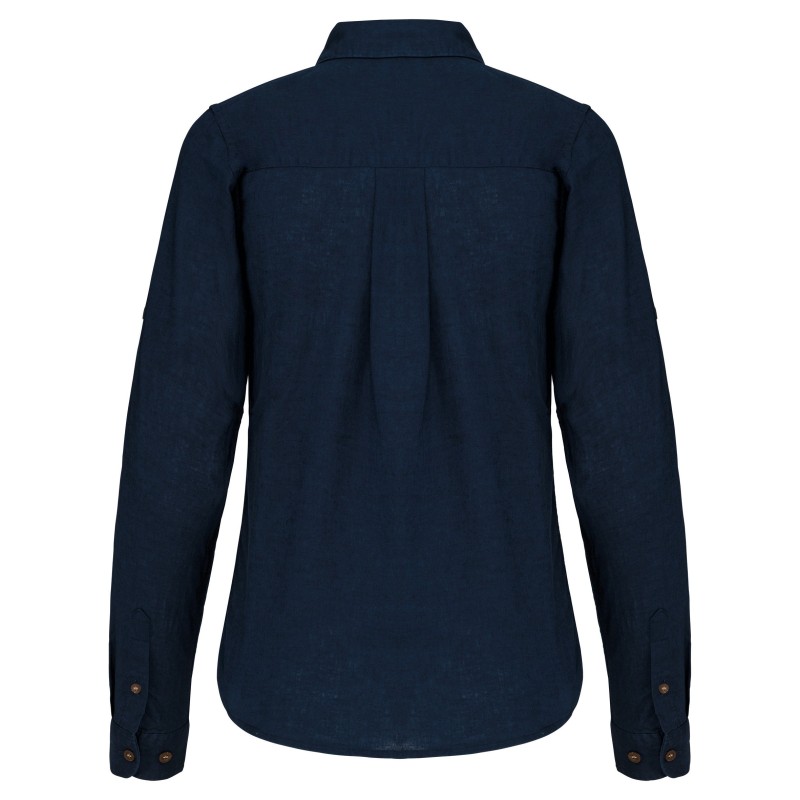 Chemise lin et coton manches longues femme Navy BACK